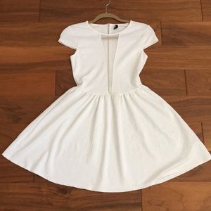 White Short Sleeved Skater Dress with Mesh V-Neck